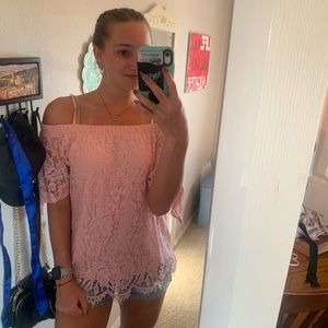 Cute cross shoulder with strap pink shirt!